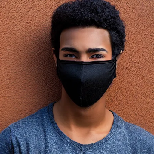 Image similar to professional digital art of a young adult man with short hair wearing a black face mask and a dark sweatshirt leaning against a wall, high quality, HD, 8K, highly detailed, award-winning
