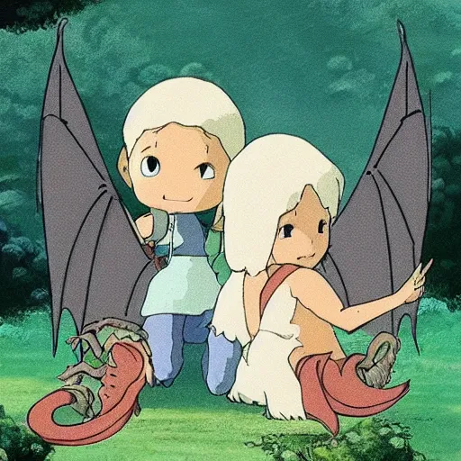 Prompt: two baby dragons are friends, studio ghibli