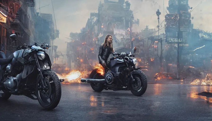 Image similar to a highly detailed epic cinematic concept art CG render digital painting artwork: powerful motorcycle design in the streets of fire movie 8k