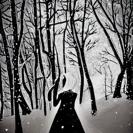 Prompt: skeleton in a wedding dress walking in the forest at night. full moon. hyper detailed. soviet propaganda. socialist realism. beautiful and eerie. it is snowing