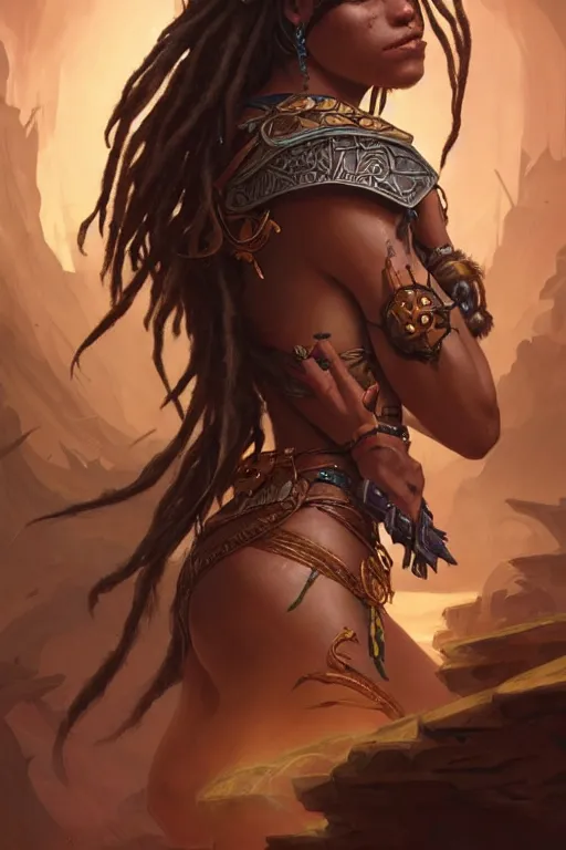 Prompt: dreadlock warrior princess, deep focus, d & d, fantasy, intricate, elegant, highly detailed, digital painting, artstation, concept art, matte, sharp focus, illustration, dark fantasy style art, hearthstone, art by artgerm and greg rutkowski and alphonse mucha