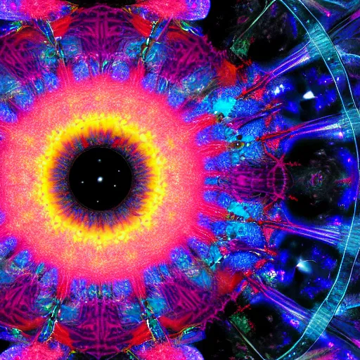 Prompt: a black portal in outer space, surrounded by fractals, galaxies, and kaleidoscopic colors, trending on art station, psychedelic art
