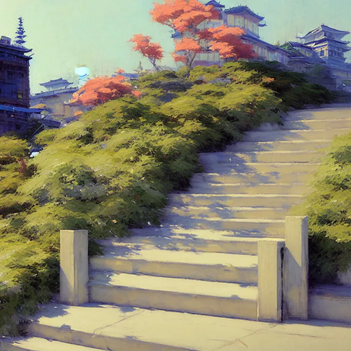 Image similar to painting of a stone railing urban japanese city in the background, calm, sunny day, artwork by jeremy lipkin and giuseppe dangelico pino and michael garmash and rob rey and greg manchess and huang guangjian and makoto shinkai, sharp edges, simple form, 1 0 0 mm