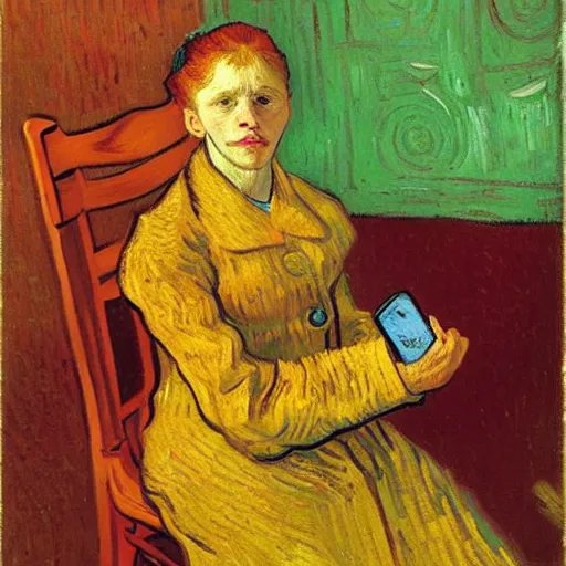 Image similar to a vivid portrait by van Gogh, she is holding a smartphone, oil on canvas, trending on artstation