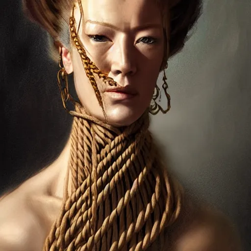 Image similar to portrait of a Shibari rope wrapped face and neck, headshot, insanely nice professional hair style, dramatic hair color, digital painting, of a old 18th century, Royal Emperor, amber jewels, baroque, ornate clothing, scifi, realistic, hyperdetailed, chiaroscuro, concept art, art by Franz Hals and Jon Foster and Ayami Kojima and Amano and Karol Bak,