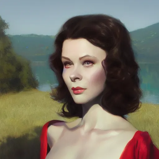 Image similar to a closeup portrait of a young vivian leigh, dramatic light, lake background, painted by stanley lau, painted by greg rutkowski, painted by stanley artgerm, digital art, trending on artstation