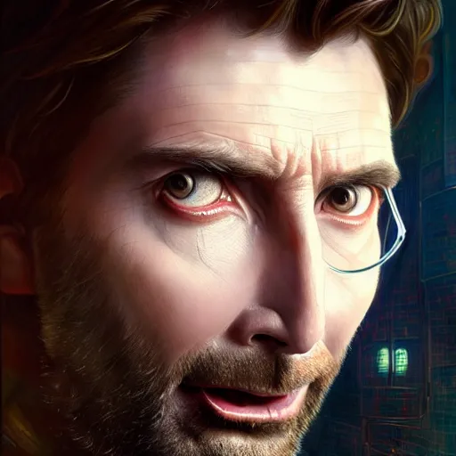 Image similar to portrait painting of a cyberpunk dwarven mechanic david tennant, ultra realistic, concept art, intricate details, eerie, highly detailed, photorealistic, octane render, 8 k, unreal engine. art by artgerm and greg rutkowski and charlie bowater and magali villeneuve and alphonse mucha