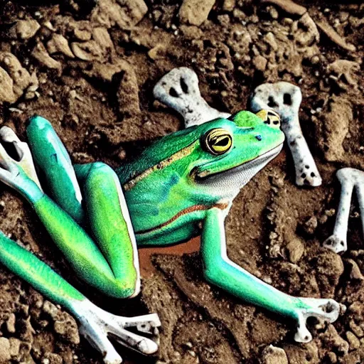 Prompt: archaeological artifact. photograph. watercolor painting. frog. frog. frog. death and decay. cemetery; exposed bones. elephant graveyard; cartilage. ancient burial ground. frog frog frog!