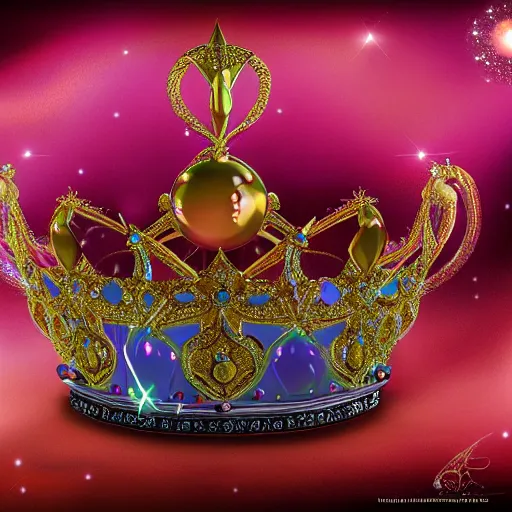 Image similar to a beautiful photorealistic queen's crown design made of platinum glowing in sparkles with heavenly notes neo rococo, diamond and ruby, highly detailed sailor moon aesthetic, fantasy, intricate, elegant, highly detailed, digital painting, artstation, concept art, matte, sharp focus, illustration, in the style of aetherpunk