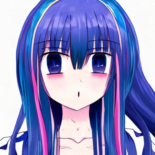 Prompt: anime drawing of a young woman of middling height with a light complexion, hair reaches near her mid-back and forms rounded locks mainly blue in coloration, but with thin, pink-colored streaks running through, blunt bangs fall on her forehead, split near the left, and an ahoge stands up on her head, has horns: a sharp, upward-curving pair emerging from the sides of her head, white in color, that resemble a bull\'s, eyes are large, round, fringed by long lashes, and encompass violet irises, lower face up to the nose is covered by a pink mask with a scalloped edge, trimmed with a white stripe