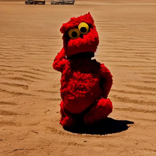 Image similar to Elmo dressed as a United States Marine in the desert sitting in a desert village, 8k, dramatic, depth of field,