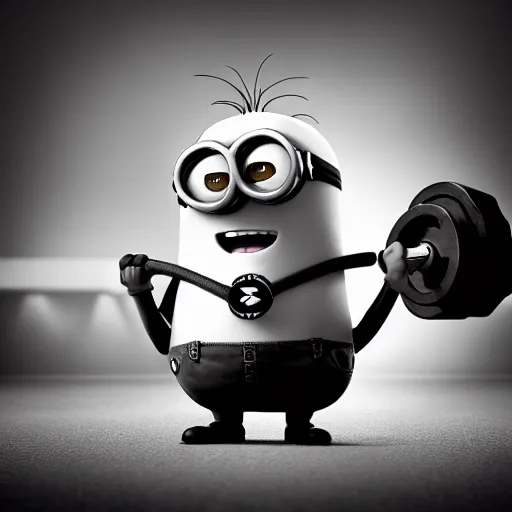 Image similar to black & white epic!!! photograph of a minion from “ despicable me ” in the gym lifting weights, very angry!!!!!! face, motivational poster, highly detailed, cinematic lighting, photo, award - winning photograph, professional photograph, dramatic posing, 8 k quality, dramatic rim lighting, high quality