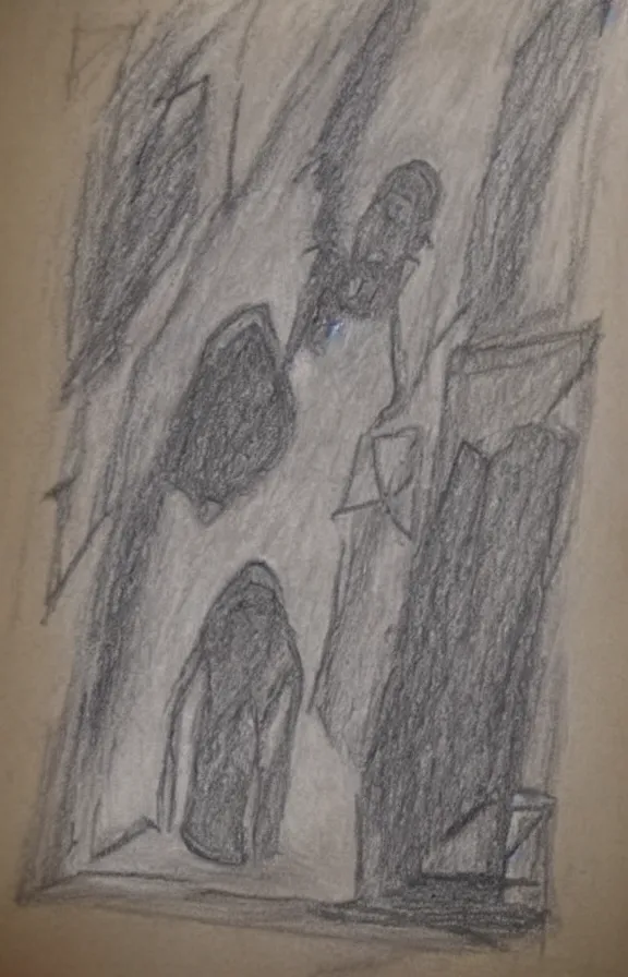 Prompt: drawing made by a child of a demonic fully black shadowy entity in a hallway, crayon drawing, drawn by child