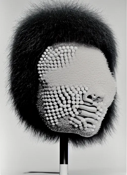 Prompt: realistic object photo of head made of black and white ping pong balls, hairy fluffy caterpillars, readymade, dadaism, fluxus, man ray, x - ray, electronic microscope 1 9 9 0, life magazine photo