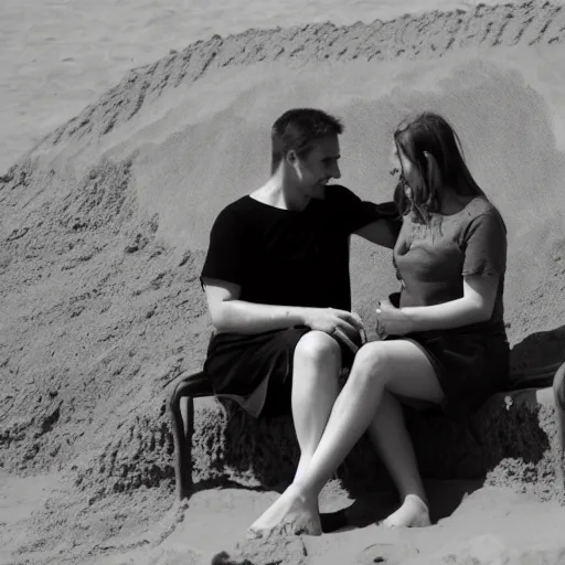 Prompt: a couple sitting on a park bench, sand sculpture