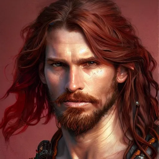 Image similar to portrait of a young ruggedly handsome pirate, male, masculine, upper body, red hair, long hair, d & d, fantasy, intricate, elegant, highly detailed, digital painting, artstation, concept art, matte, sharp focus, illustration, art by artgerm and greg rutkowski and alphonse mucha