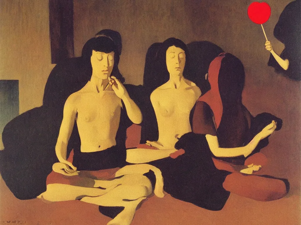 Prompt: portrait of a man and woman meditating with lollipop. painting by felix vallotton, odilon redon