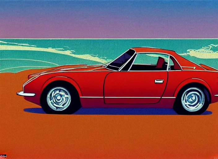 Image similar to highly detailed 1 9 6 9 red datsun fairlady roadster, retro minimalist art by jean giraud, moebius starwatcher comic, sharp, 8 k