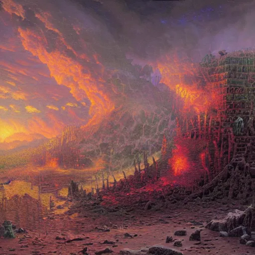 Prompt: a barren hellscape populated by demons, painted by thomas kinkade and wayne douglas barlowe, photorealistic