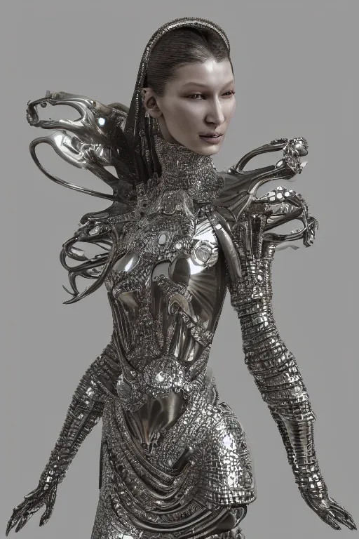 Image similar to a highly detailed medium shot 8 k render portrait of an alien goddess bella hadid in iris van herpen dress schiaparelli armor in diamonds and lots of jewelry in style of alphonse mucha trending on artstation made in unreal engine 4