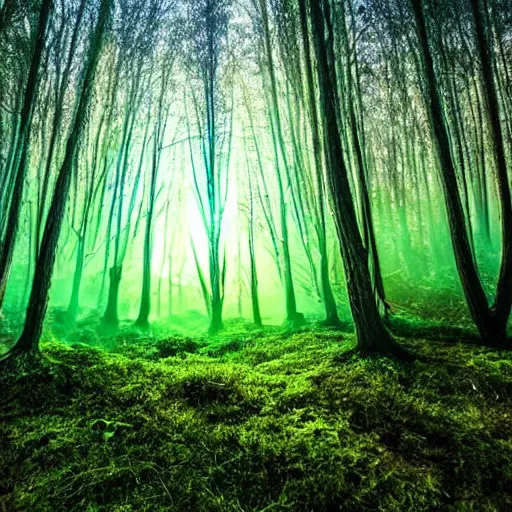 Image similar to a forest with glowing plants, magical, starts visible in the sky, wide shot, dramatic lighting