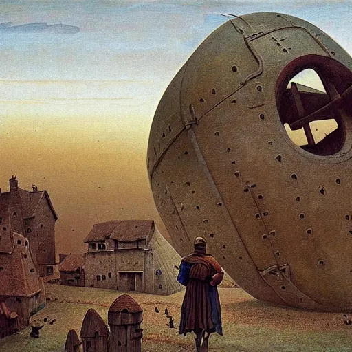 Prompt: Medieval village on the plains, a villager looking up. The sky is completely covered to the horizon by an incredibly enormous colossal oversized massive airship-like ship. Extremely high detail, realistic, medieval fantasy art, dark, masterpiece, art by Zdzisław Beksiński, Boris Vallejo