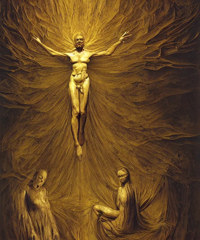 Image similar to The room without doors and windows with beautiful full-body wax sculpture of a glowing transparent woman with visible golden bones inside it in the singularity where stars becoming baroque folds of dark matter by Michelangelo da Caravaggio, Nicola Samori, William Blake, Alex Grey and Beksinski, dramatic volumetric lighting, highly detailed oil painting, 8k, masterpiece