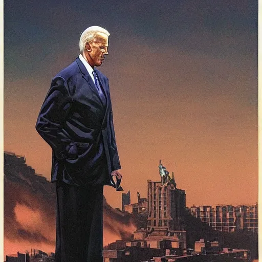 Image similar to immense, majestic, surreal, terrifying joe biden crushing buildings under his heel, perfectly clear face, by j. c. leyendecker and beksinski