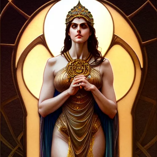 Image similar to ultra realistic tarot card illustration, a statue of glorious goddess alexandra daddario, intricate, elegant, highly detailed, digital painting, artstation, concept art, smooth, sharp focus, illustration, art by artgerm and greg rutkowski and alphonse mucha