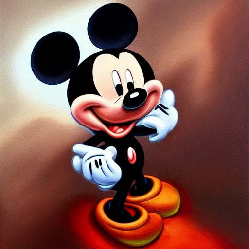 Image similar to mickey mouse in hell, oil painting, trending on artstation, renaissance, highly detailed, dynamic pose, gloomy