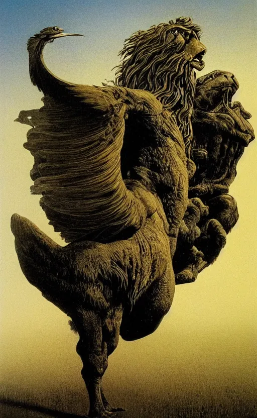 Prompt: a creature with the body and eyes of a man, with the beak of an eagle, the mane of a lion, and the horn of a bull. drawn by moebius and zdzislaw beksinski