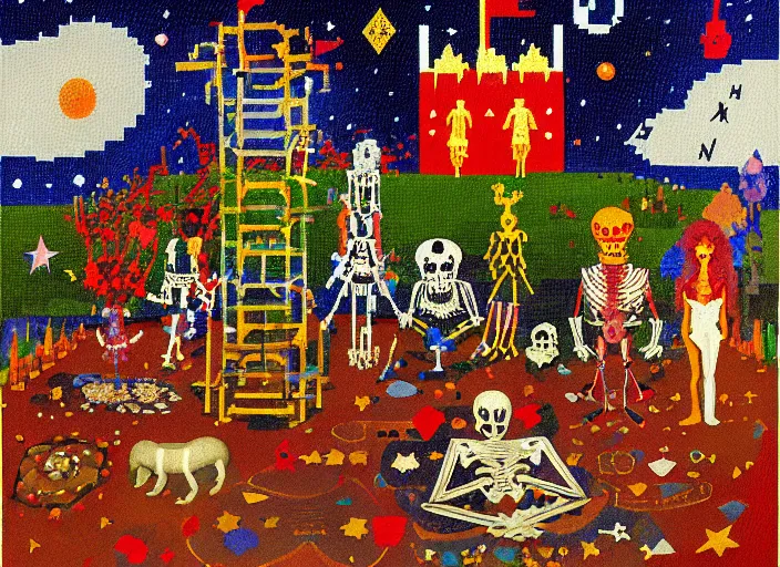 Image similar to pixel decollage painting tarot lovers card composition tower of babel road red armor maggot bear and wonky vampire clown knight on a skeleton horse in a dark red cloudy night sky with golden foil jewish stars and diamonds, mountain lake and blossoming field in background, painted by Mark Rothko, Helen Frankenthaler, Danny Fox and Hilma af Klint, pixelated, neo expressionism, semi naive, pastel colors, cinematic, color field painting, cave painting, voxel, pop art look, outsider art, minimalistic. Bill Traylor painting, part by Philip Guston, Amano and Francis Bacon. art by Adrian Ghenie and Storm Thorgerson, very coherent symmetrical artwork, cinematic, hyper realism, high detail, octane render, unreal engine, Smooth gradients, depth of field, full body character drawing, extremely detailed, 8k, extreme detail, intricate detail, masterpiece