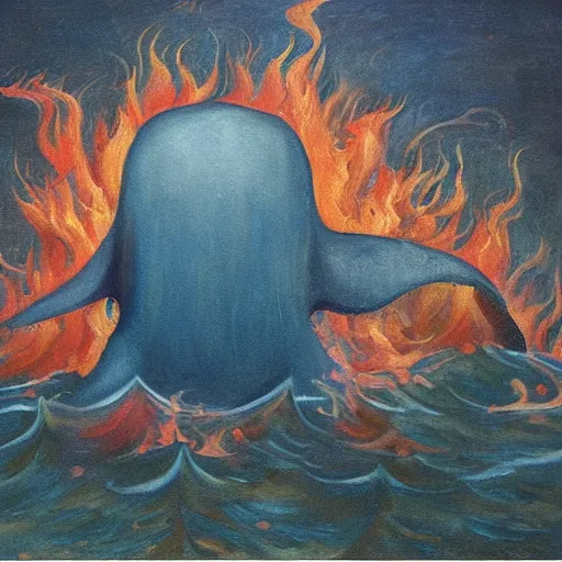 Image similar to bosch oil painting of an abstract silicon whale god of fire, flying over tormented people in a lake