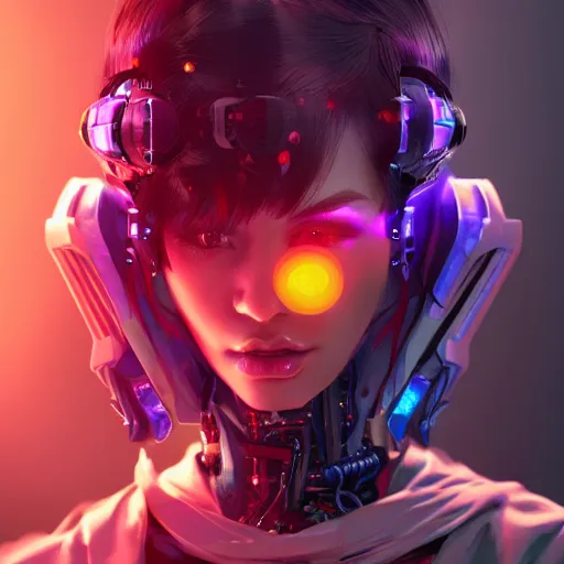 Image similar to a portrait of a beautiful cyberpunk robot geisha sorceress, warcore, sharp focus, detailed, artstation, concept art, 3 d + digital art, wlop style, neon colors, futuristic, unreal engine, elegant
