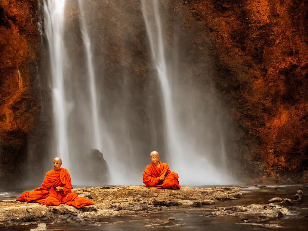 Image similar to dang ngo, annie leibovitz, steve mccurry, a simply breathtaking shot of mediating monk in orange, giantic waterfall, bright moonlight, golden ratio, wide shot, symmetrical