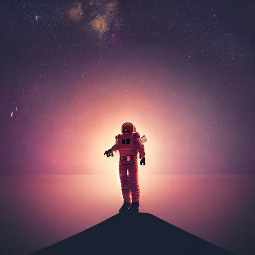 Image similar to astronaut silhouette with arms extended forward, bottom of arms lit by light coming from off camera, light coming from below, starry sky background, lit from below, full body photo,, 8 k