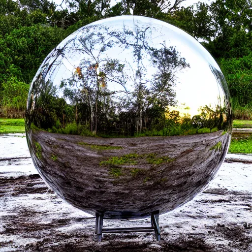 Prompt: a large metallic ball with a mirror finish site in the florida everglades covered in mud, photorealistic