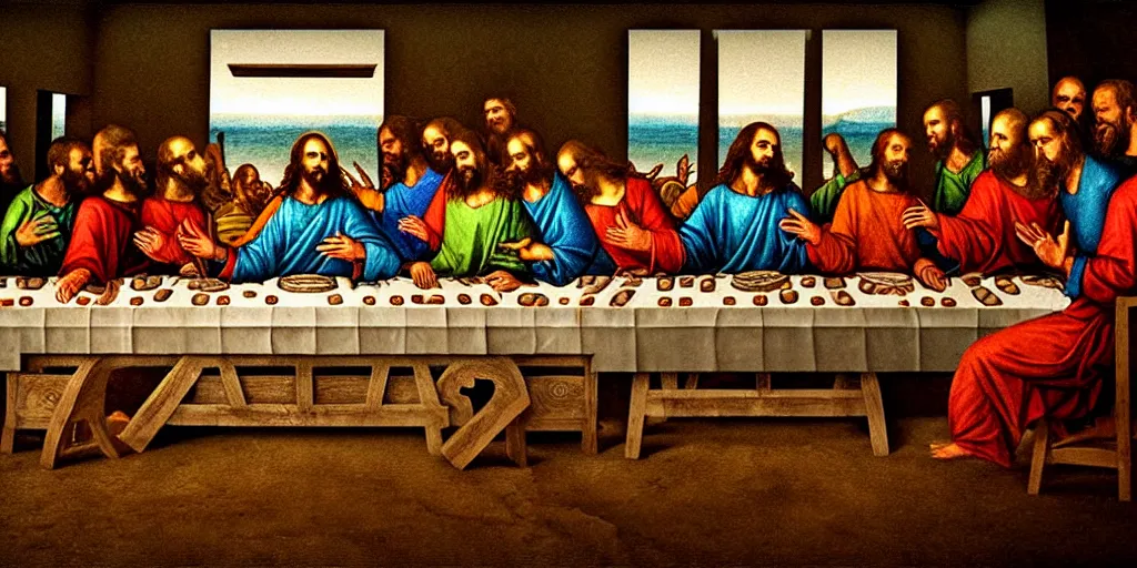 Prompt: the last supper as a rave, jesus is a dj in font of turntables, the apostles are ravers, cinematic lighting, dslr