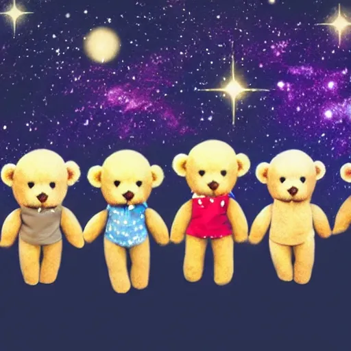 Prompt: a group of teddy bears holding hands under a starry sky