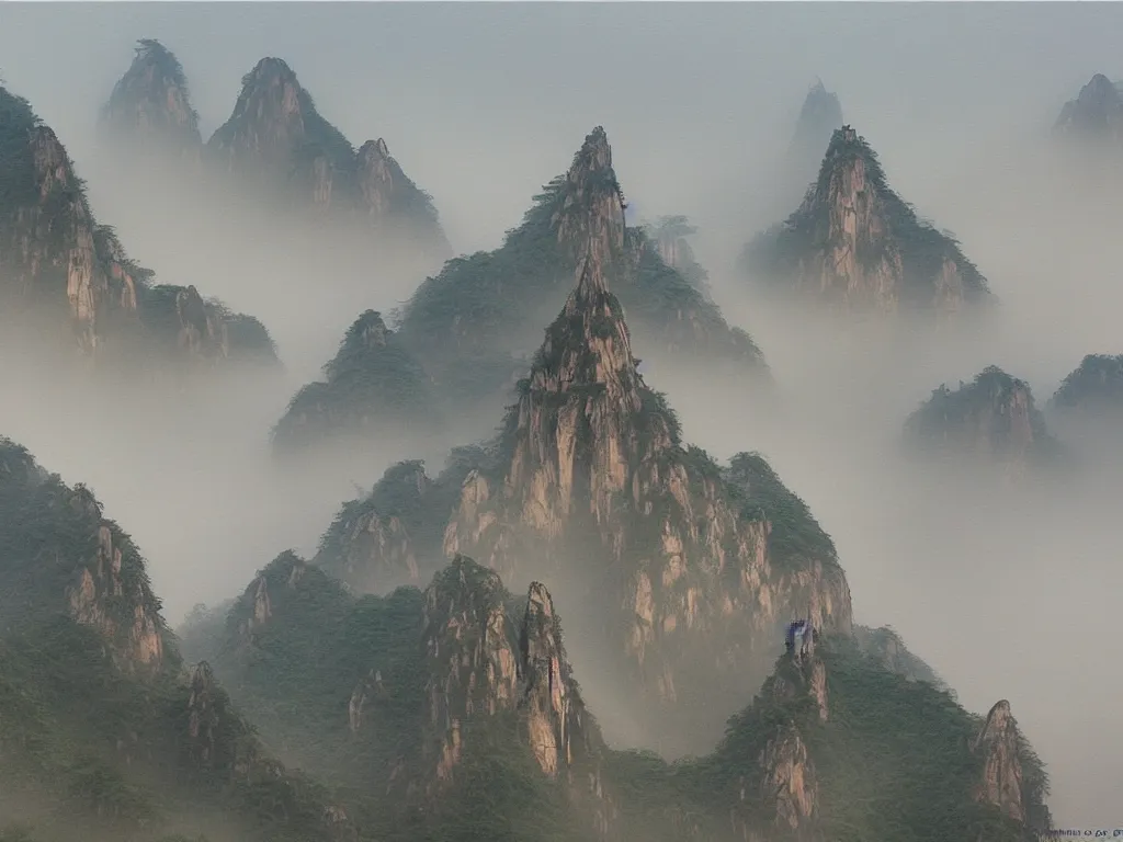 Image similar to chinese shanshui painting of huangshan on a foggy day by shenzhou 沈 周