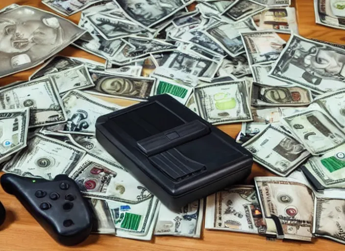 Prompt: realistic photo of nintendo 6 4 video game console in front of stacks of money