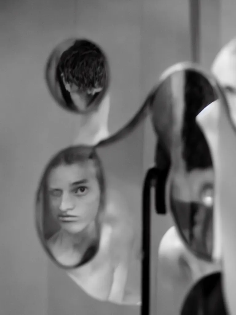 Prompt: androgynous male, staring into infinite mirror, photographic noir, wide lens