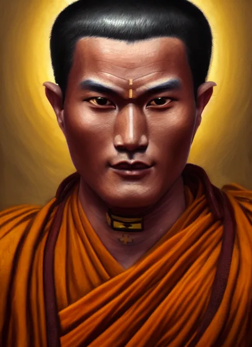 Prompt: smart tai buddhist monk, closeup portrait, without beard and mustache, historical hero, ethnic group, tai costume, tai traditional bronze headdress, intricate, with leather armor cross on bare chest, elegant, loin cloth, highly detailed, oil painting, artstation, concept art, matte, sharp focus, illustration, hearthstone, art by earl norem