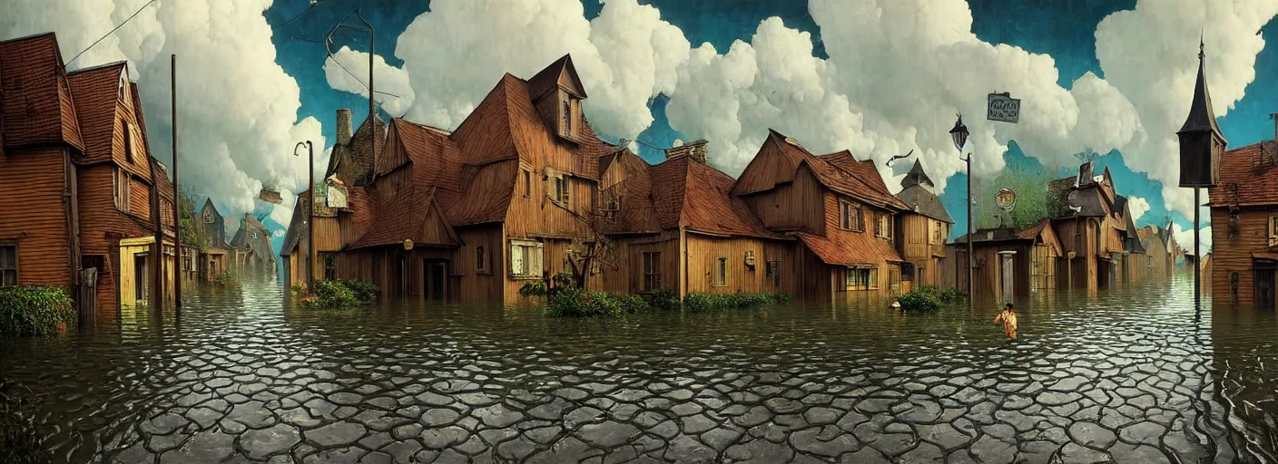 Image similar to flooded! old dark scary wooden empty cursed town street entance, very coherent and colorful high contrast masterpiece by gediminas pranckevicius rene magritte norman rockwell franz sedlacek, full - length view, dark shadows, sunny day, hard lighting, reference sheet white background