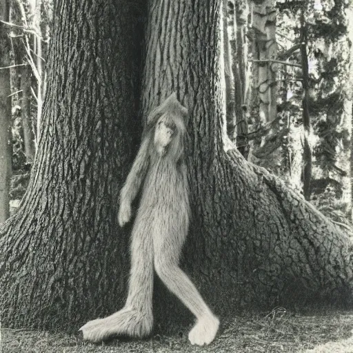 Prompt: Polaroid photo of a tall bipedal creature peering out from behind a tree