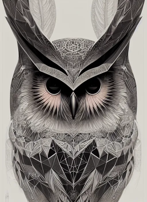 Prompt: portrait of a geometric owl, identical eyes, medium shot, illustration, full body made of white feathers, 8 k, symmetrical, art stand, super detailed, cinematic lighting, and its detailed and intricate, gorgeous, by peter mohrbacher