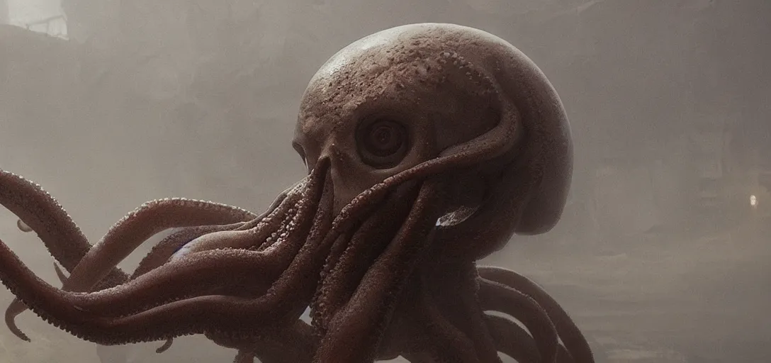 Prompt: a painting of an octopus in the shape of a skull, foggy, cinematic shot, photo still from movie by denis villeneuve, wayne barlowe