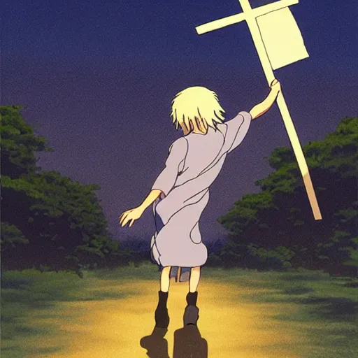 Prompt: poster of a bloodied Jesus carrying his cross, Studio Ghibli