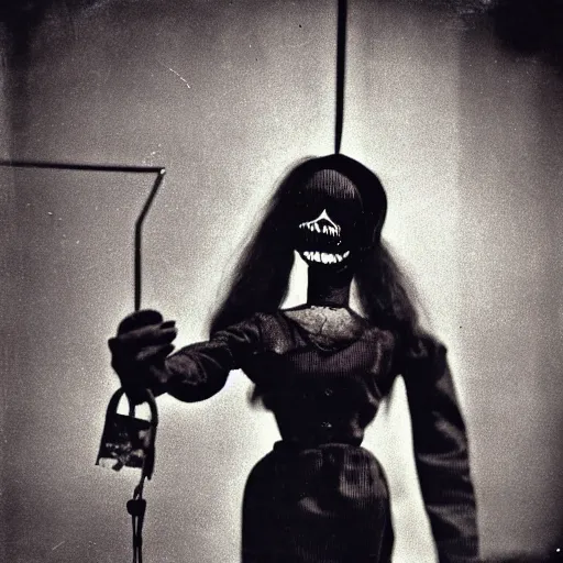 Prompt: female, creepy marionette puppet, horrific, unnerving, clockwork horror, pediophobia, lost photograph, dark, forgotten, final photo found before disaster, polaroid,