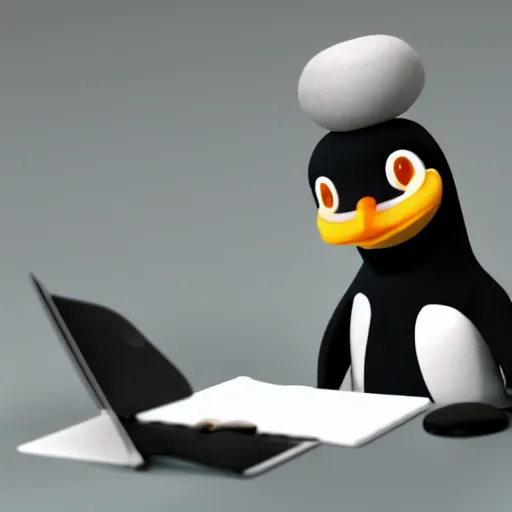 Image similar to pingu sitting behind a computer, 3 d render,, art, epic lighting, clay, claymation